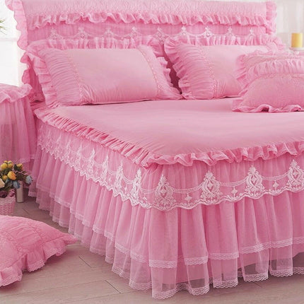 Mad Fly Essentials 0 Princess 1 Piece Lace Bed Skirt + 2 Piece Pillowcases Bedding Bedspreads Sheet Pink Lace Bedding Set Bed For Girl Bed Cover