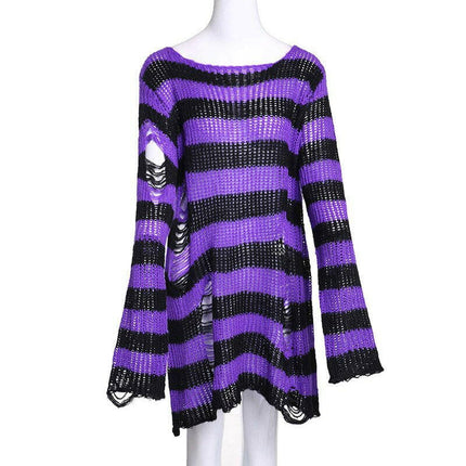 Mad Fly Essentials 0 purple / One Size Karrcat Women Sweater Gothic Knitted Sweater Long Pullovers Striped Loose Winter Ripped Oversized Sweaters Jumpers Mujer Jersey