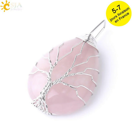 Mad Fly Essentials 0 Rose Quartz B / China Tiger Eye Tree of Life Crystal Necklace Natural Stone Pendant Wire Wrap Rose Crystals Pink Quartz Amethyst Green Aventurine E585