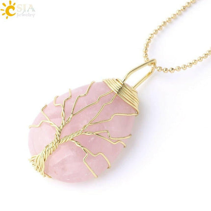 Mad Fly Essentials 0 RoseQuartz Chain A / China Tiger Eye Tree of Life Crystal Necklace Natural Stone Pendant Wire Wrap Rose Crystals Pink Quartz Amethyst Green Aventurine E585