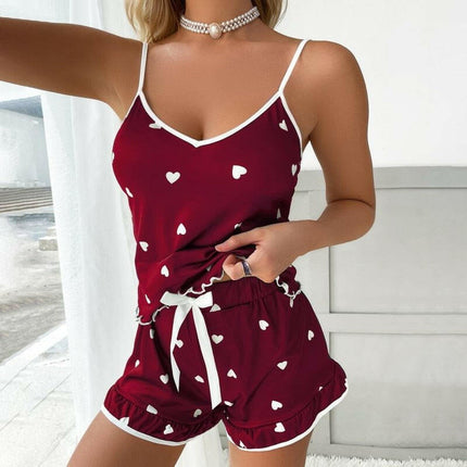 Mad Fly Essentials 0 Style1-Wine heart / S Two Pieces Set Women&#39;S Pajama Shorts Suit Print Underwear Pijama Sexy Lingerie Camisoles Tanks Nighty Ladies Loungewear Homewear