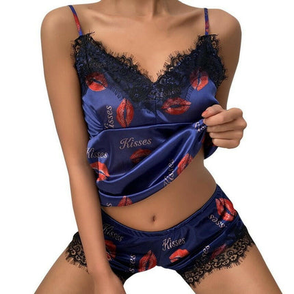 Mad Fly Essentials 0 Style3-Lips / S Two Pieces Set Women&#39;S Pajama Shorts Suit Print Underwear Pijama Sexy Lingerie Camisoles Tanks Nighty Ladies Loungewear Homewear