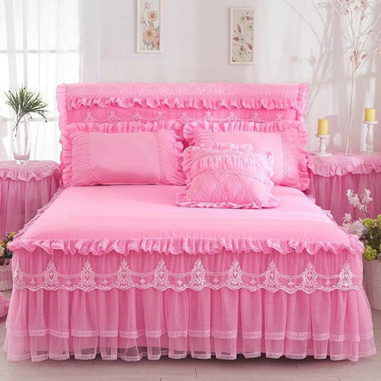 Mad Fly Essentials 0 Type A1 / Twin 120x200cm 3pcs Princess 1 Piece Lace Bed Skirt + 2 Piece Pillowcases Bedding Bedspreads Sheet Pink Lace Bedding Set Bed For Girl Bed Cover