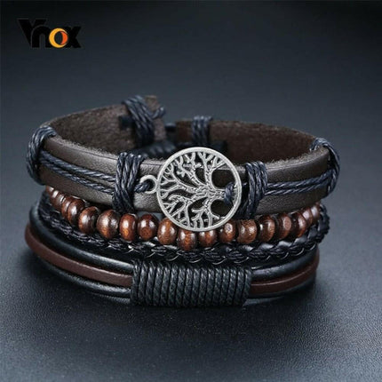 Mad Fly Essentials 0 Vnox 4Pcs/ Set Braided Wrap Leather Bracelets for Men Vintage Life Tree Rudder Charm Wood Beads Ethnic Tribal Wristbands