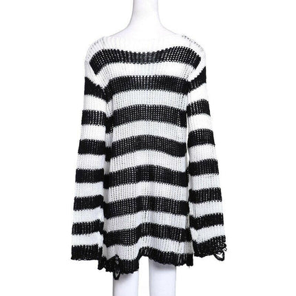 Mad Fly Essentials 0 White / One Size Karrcat Women Sweater Gothic Knitted Sweater Long Pullovers Striped Loose Winter Ripped Oversized Sweaters Jumpers Mujer Jersey
