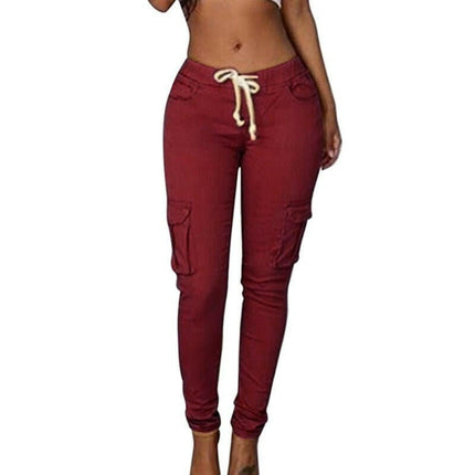 Mad Fly Essentials 0 Wine Red / S Ogilvy Mather 2020 Spring Lace Up Waist Casual Women Pants Solid Pencil Pants Multi-Pockets Straight Slim Fit Trousers S-2XL