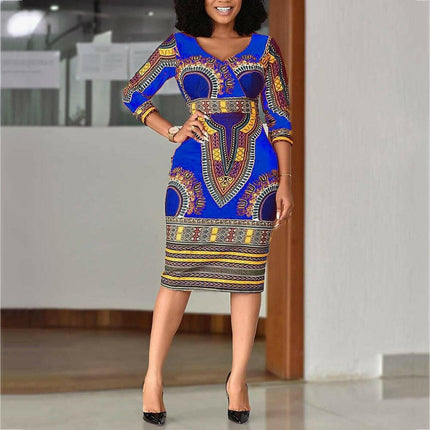 Mad Fly Essentials Women's Fashion Blue Dress / M Vintage Elegant Wrist V Neck High Waist African Dresses