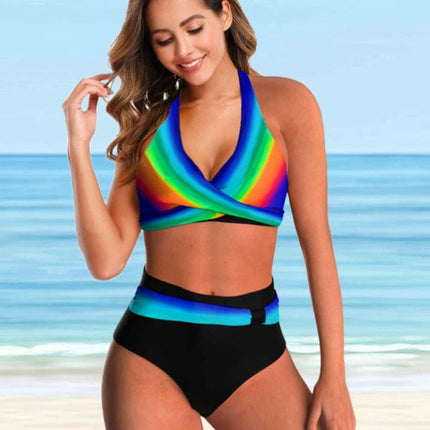 Mad Fly Essentials Women's Fashion Blue / XS Women High Waist Bikini Set 2pc Rainbow Print Tankini Swimwear