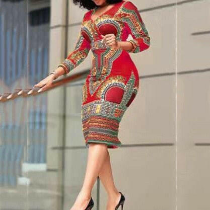Mad Fly Essentials Women's Fashion Red dress / M Vintage Elegant Wrist V Neck High Waist African Dresses