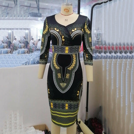 Mad Fly Essentials Women's Fashion Vintage Elegant Wrist V Neck High Waist African Dresses