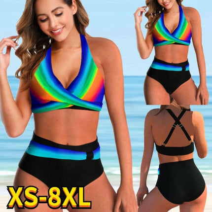 Mad Fly Essentials Women's Fashion Women High Waist Bikini Set 2pc Rainbow Print Tankini Swimwear