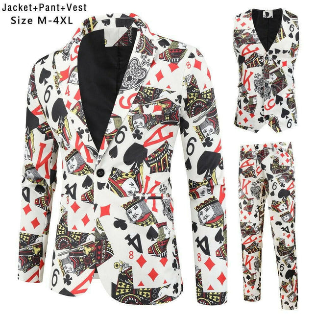 Micoopie Men's Fashion 140 / XXXXL Men Funny Poker Print Blazer+Vest+Jacket Suit Set