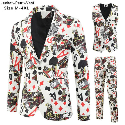 Micoopie Men's Fashion Men Funny Poker Print Blazer+Vest+Jacket Suit Set