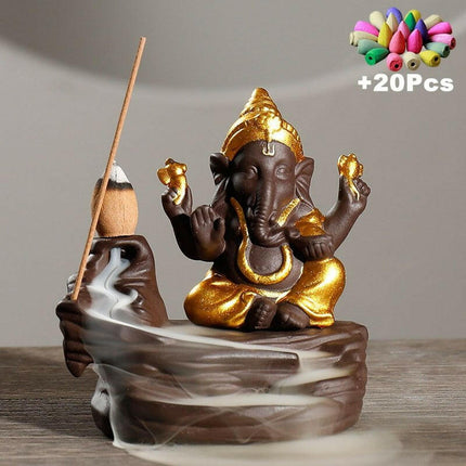 MINIDEAL Home & Garden AB5 Gold 20cones Ganesha Backflow Incense Burner Elephant God Holder