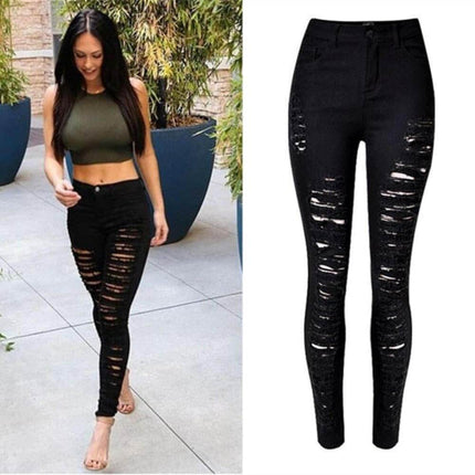 Women Bottoms High Waist Slim Ripped Hole Jeans - Mad Fly Essentials