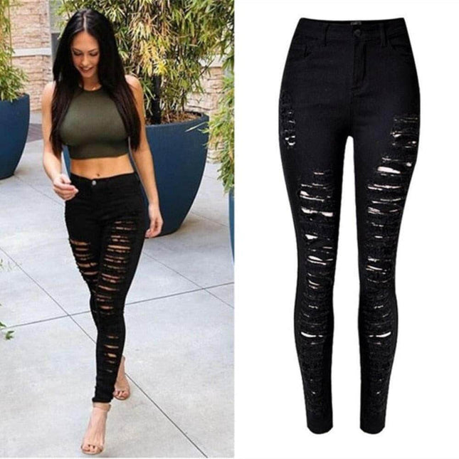 Women Bottoms High Waist Slim Ripped Hole Jeans - Mad Fly Essentials